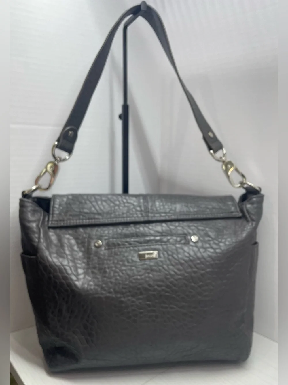 Thirty-One Jewel Shoulder Bag Gray Pebbled Faux Leather Silver Hardware